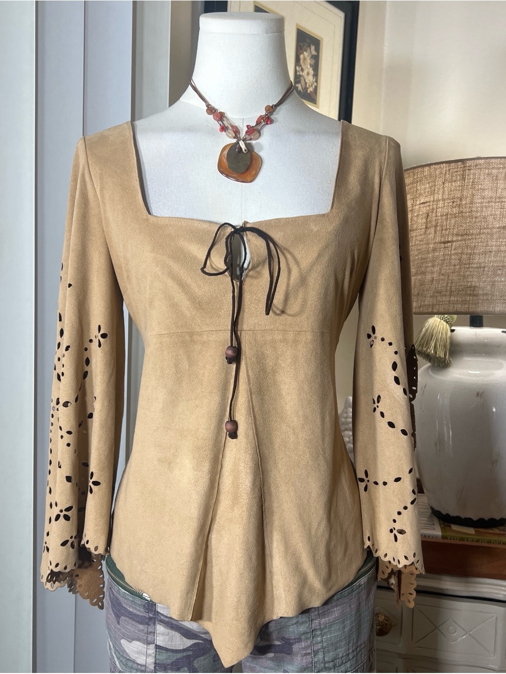 Y2K Bebe Tan Suede-Inspired Square Neck Tie-Front Blouse